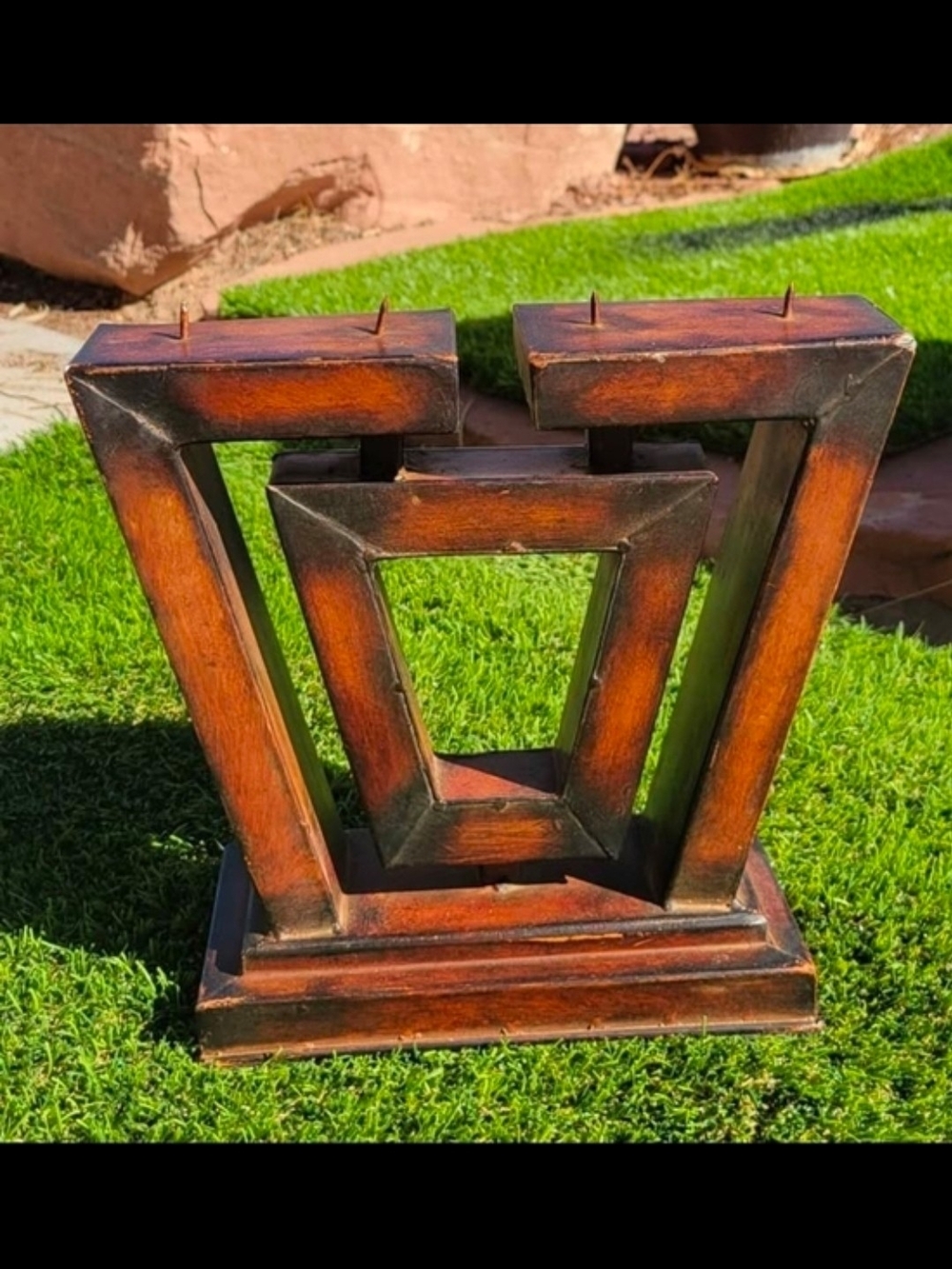 Geometric Candle Holder - Rustic Brown Finish.